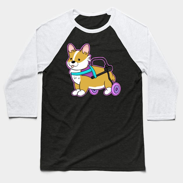 Cute Corgi in a doggy Wheelchair Baseball T-Shirt by IhateDumplings